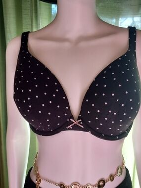Cacique Plunge Bra in Black Polkadot w Cushion Cup Underwire. Sz. 34F
